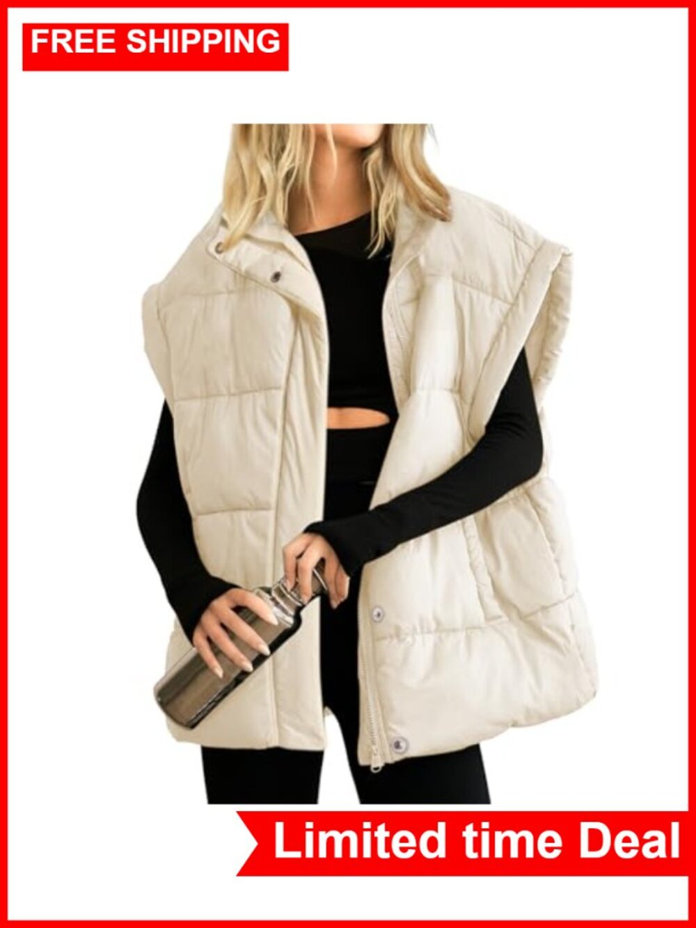 Oversized Quilted Puffer Vest Full Zip Sleeveless Stand Collar Warm Coat